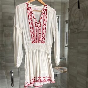 Parker White and Red Long Sleeve Sundress with Bishop Sleeves
